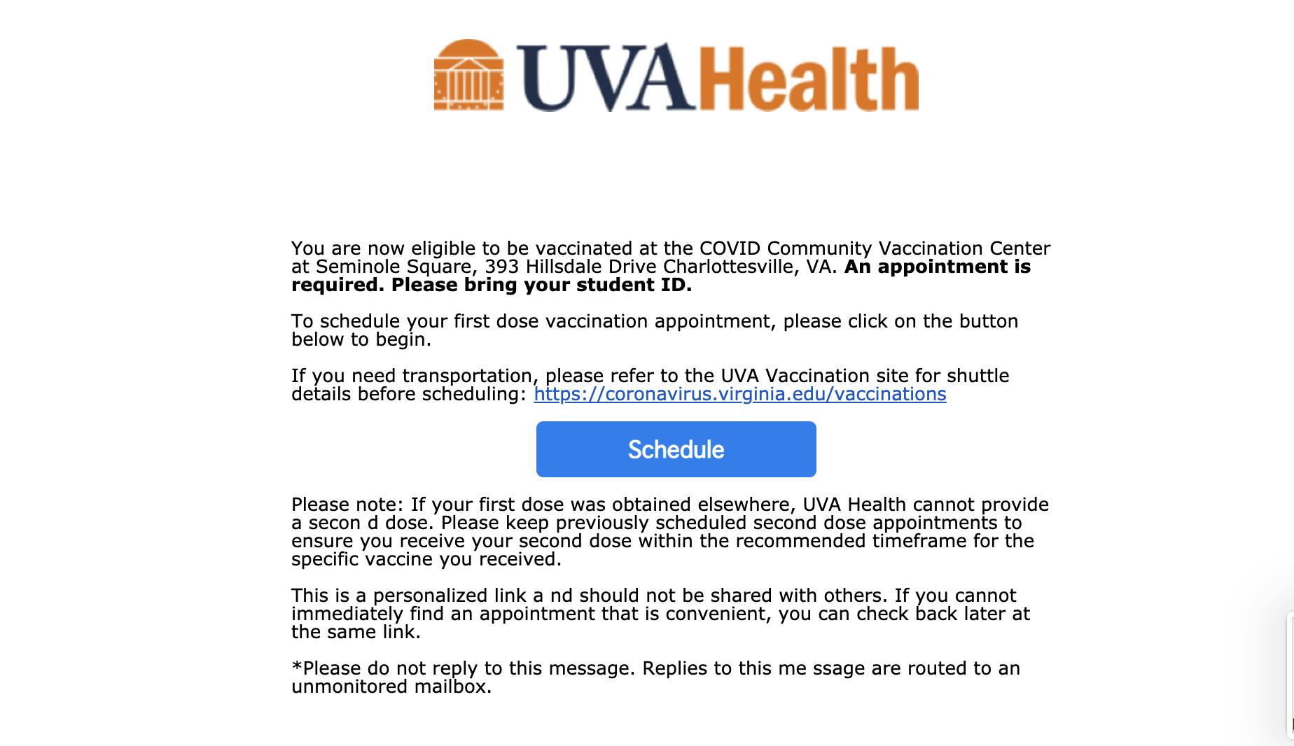 U.Va. Health began to send University students appointment invitations Monday.