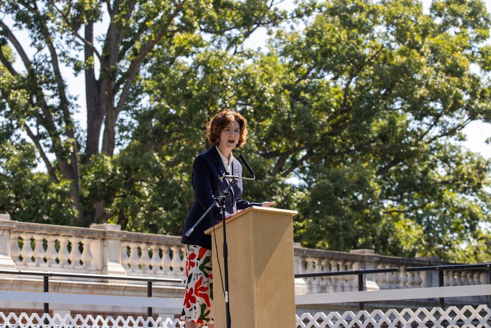 Christa Acampora, dean of the College and Graduate School of Arts and Sciences and professor of philosophy, delivering the First Lecture Aug. 24, 2026.
