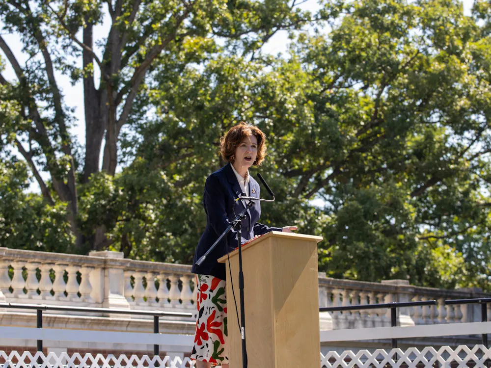 Christa Acampora, dean of the College and Graduate School of Arts and Sciences and professor of philosophy, delivering the First Lecture Aug. 24, 2026.