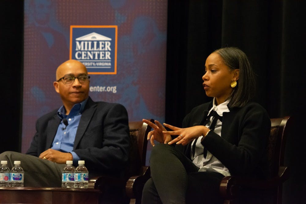 <p>Kevin Gaines (left) and Lauretta Charlton (right) speak at a Miller Center event Tuesday.&nbsp;</p>