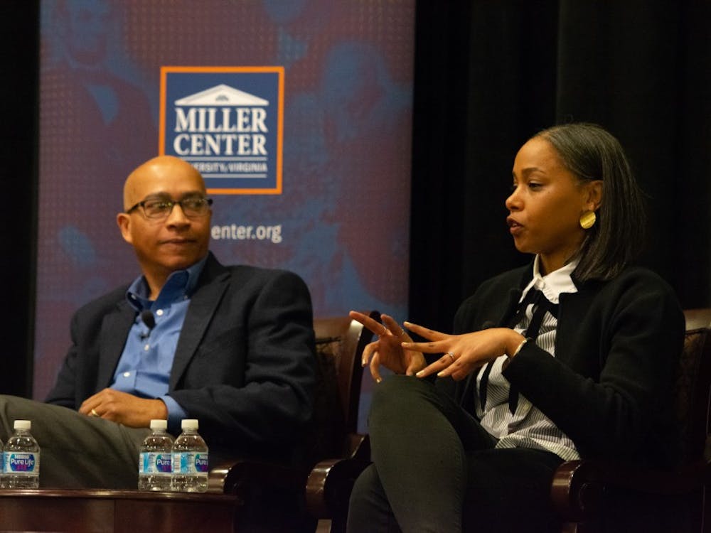Kevin Gaines (left) and Lauretta Charlton (right) speak at a Miller Center event Tuesday.&nbsp;