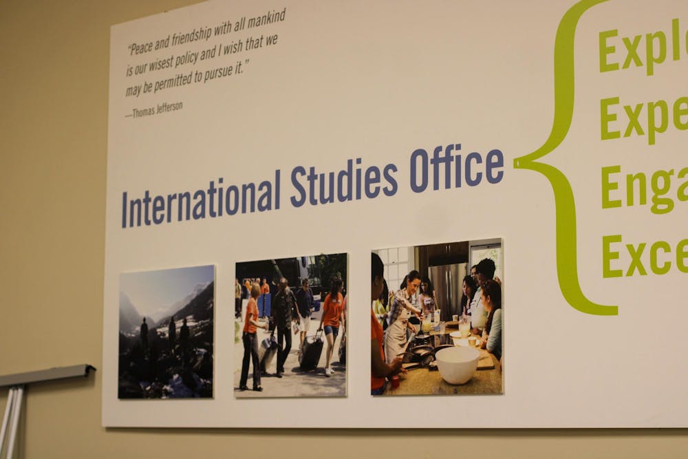 A sign outside of the International Studies Office, photographed April 29.