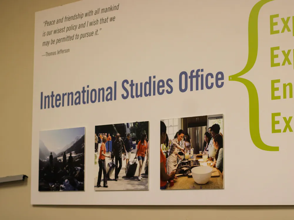 A sign outside of the International Studies Office, photographed April 29.