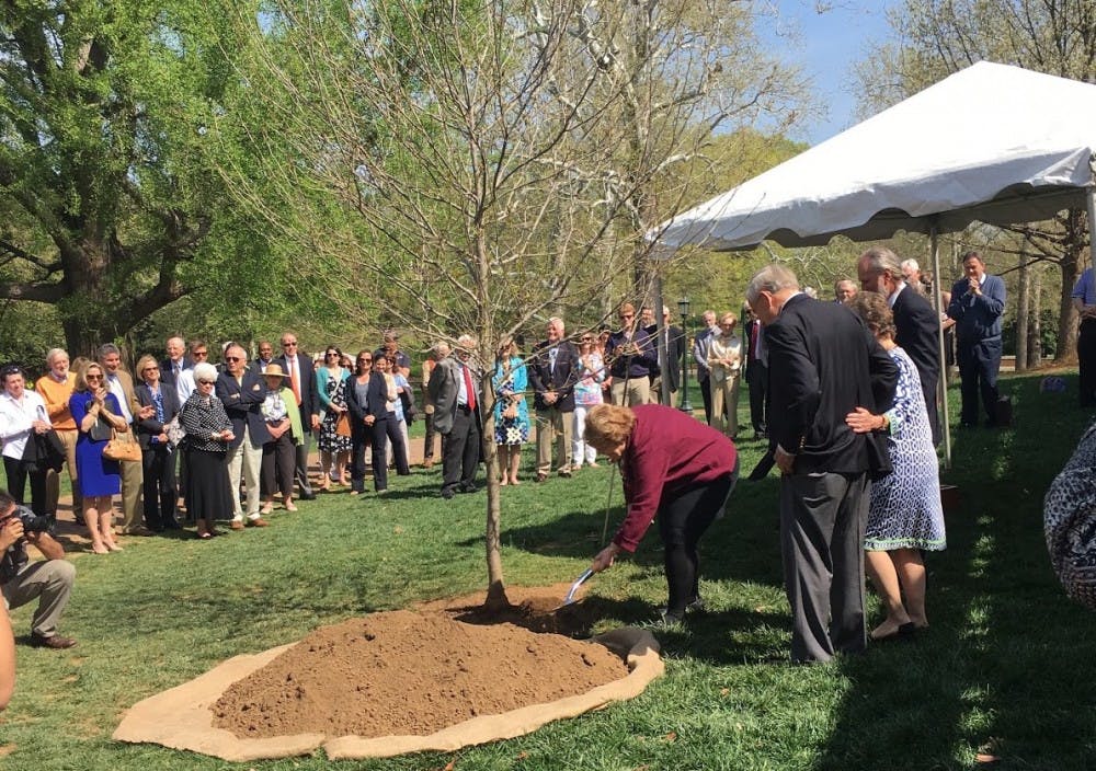 The annual tree planting ceremony was started in 1970 to commemorate a member of the University community who has made a substantial and long-lasting impact on Grounds.