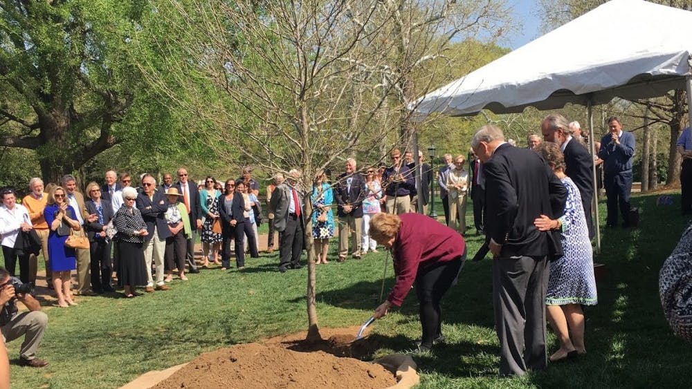 The annual tree planting ceremony was started in 1970 to commemorate a member of the University community who has made a substantial and long-lasting impact on Grounds.