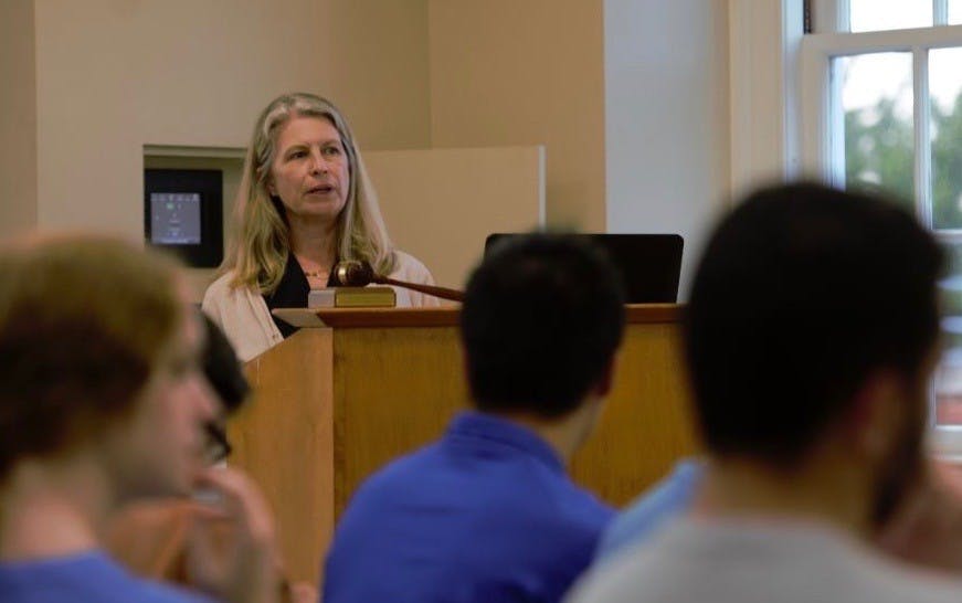 Melody Stowe Bianchetto, the vice president for finance for the University, delivered an overview of the budget, explaining the sources and planned uses of funding.