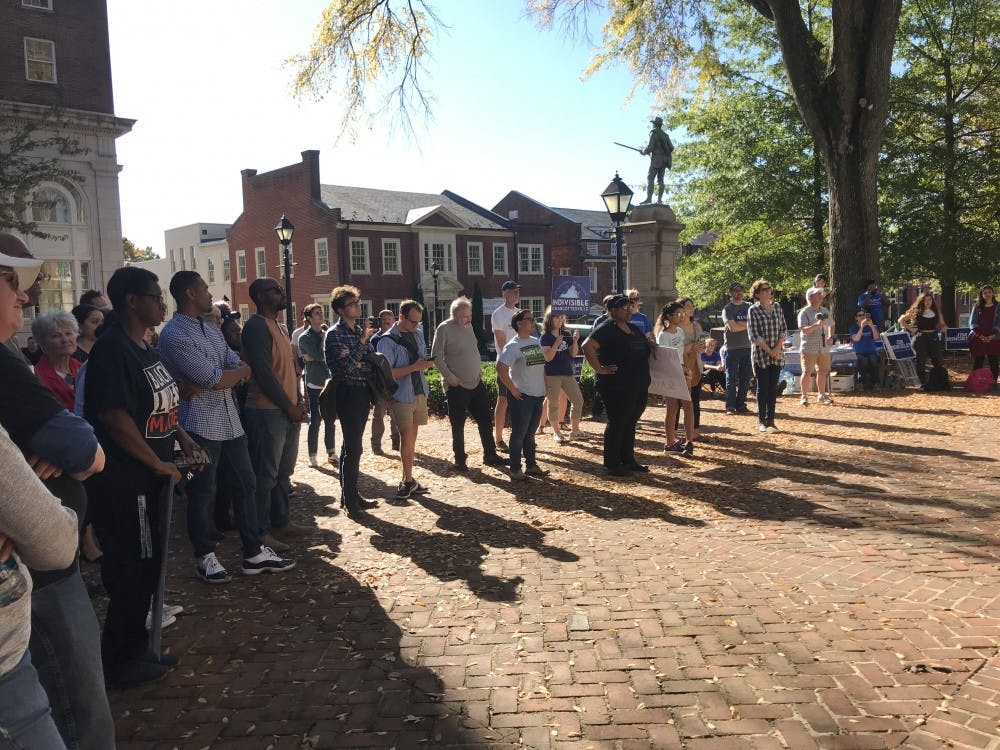 Members of the community gathered outside the Albemarle Courthouse, where Hingeley and others spoke about criminal justice reform.