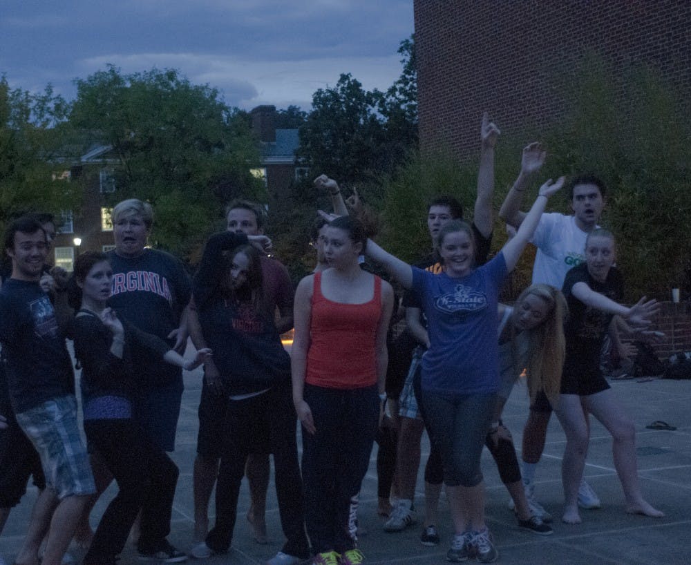 	The cast of the First Year Players&#8217; production of &#8220;Legally Blonde The Musical&#8221; rehearses outside the Chemistry Building after the organization was unable to book a rehearsal space for Wednesday.