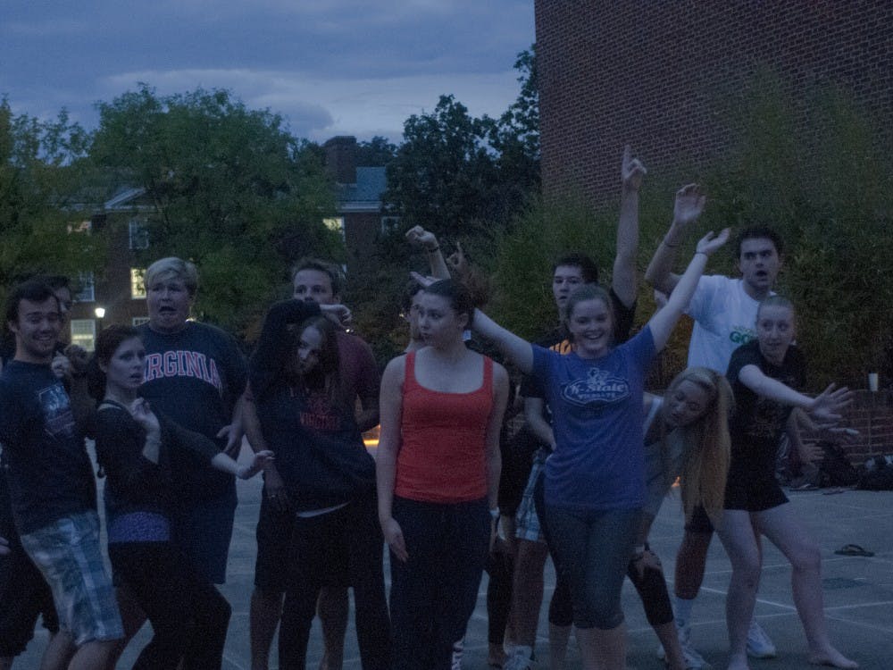 	The cast of the First Year Players&#8217; production of &#8220;Legally Blonde The Musical&#8221; rehearses outside the Chemistry Building after the organization was unable to book a rehearsal space for Wednesday.