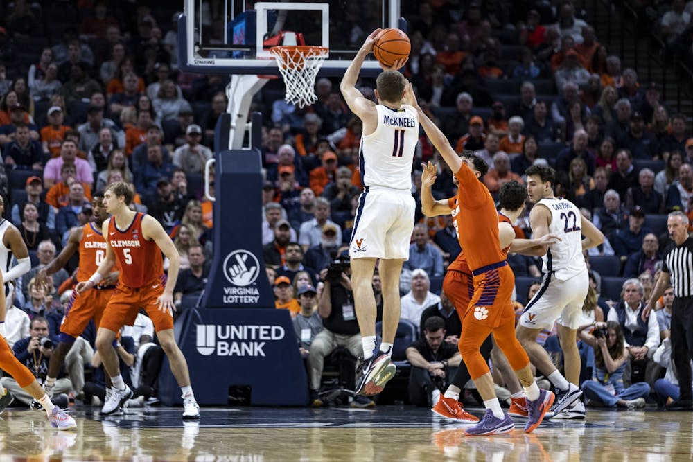 <p>Clemson hit four shots in a row before a three-pointer and jump shot from freshman guard Isaac McKneely, keeping them within striking distance at 46-36.</p>