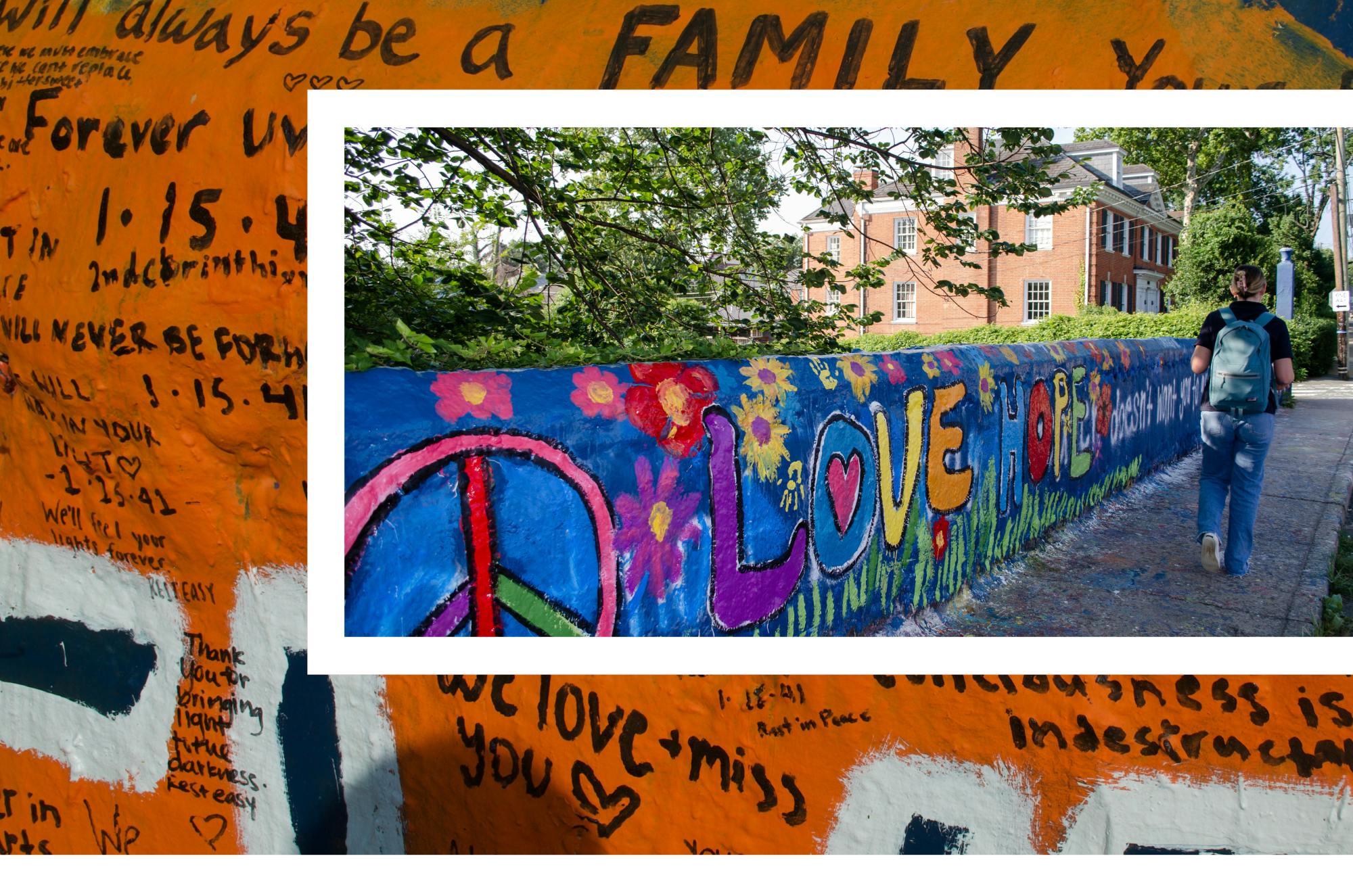 The bridge’s mural still features hundreds of scrawled Sharpie messages remembering the three students lost in November’s shooting. 