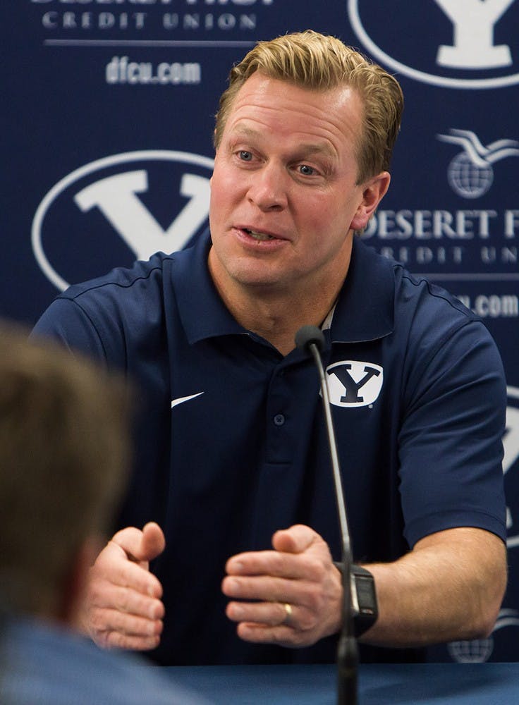 An emotional Bronco Mendenhall address the media a couple of hours after BYU annouced that Mendenhall was leaving to go and coach at Virginia University. Mendenhall spent most of the press conference with his eyes closed, looking down and wiping away tears.