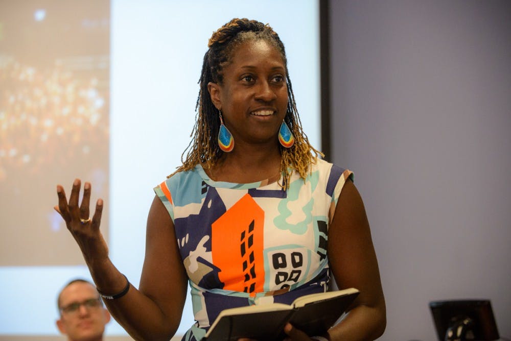 <p>The dialogues included more than 30 individual discussion forums and four film screenings presented by a number of University students, professors, faculty and administration. Pictured: Assoc. English Prof. Lisa Woolfork.&nbsp;</p>