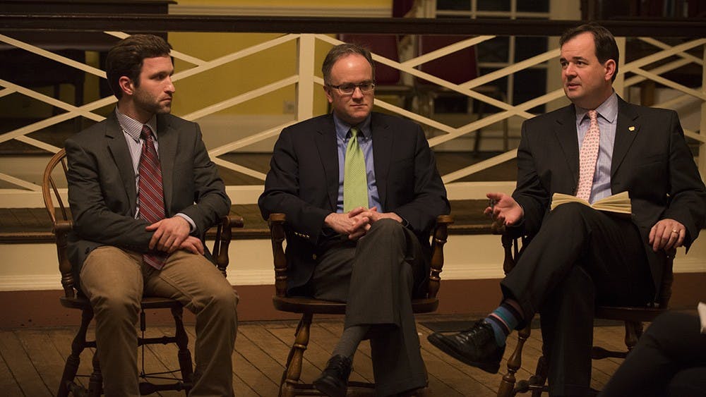 The Democracy Network, the International Relations Organization and the Presidential Precinct hosted a panel including Politics Doctoral Candidate Michael Poznansky, Politics Prof. John Owen and Montpelier Foundation Vice President Douglas Smith (above, left to right. They discussed U.S. interventionism.