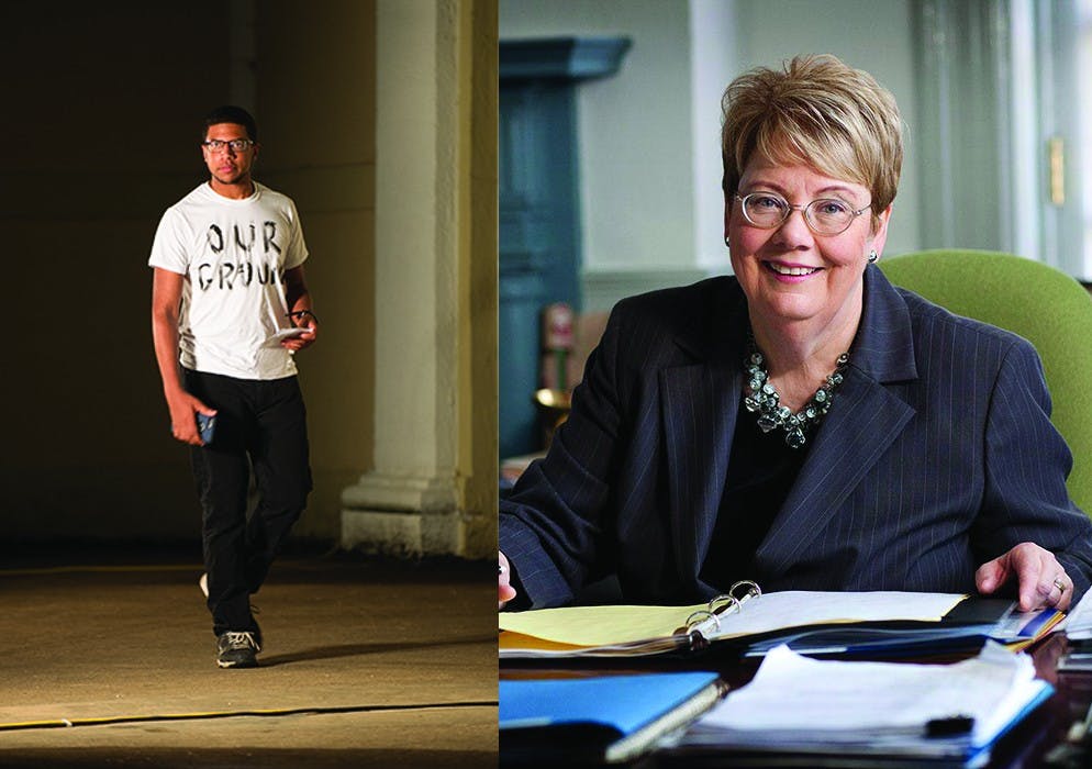 Black Student Alliance and fourth-year College student Wes Gobar (left), and University President Teresa Sullivan (right).