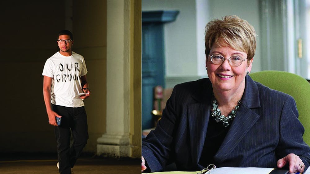 Black Student Alliance and fourth-year College student Wes Gobar (left), and University President Teresa Sullivan (right).