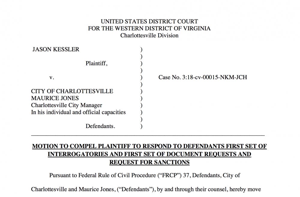 <p>Attorneys for the City of Charlottesville filed a motion in federal court on Friday to compel the judge to take action against Jason Kessler for alleged improper behavior.</p>