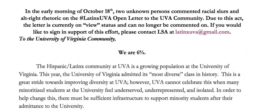 The Latinx Student Alliance's public letter was defaced by racist slurs Thursday, the email said.