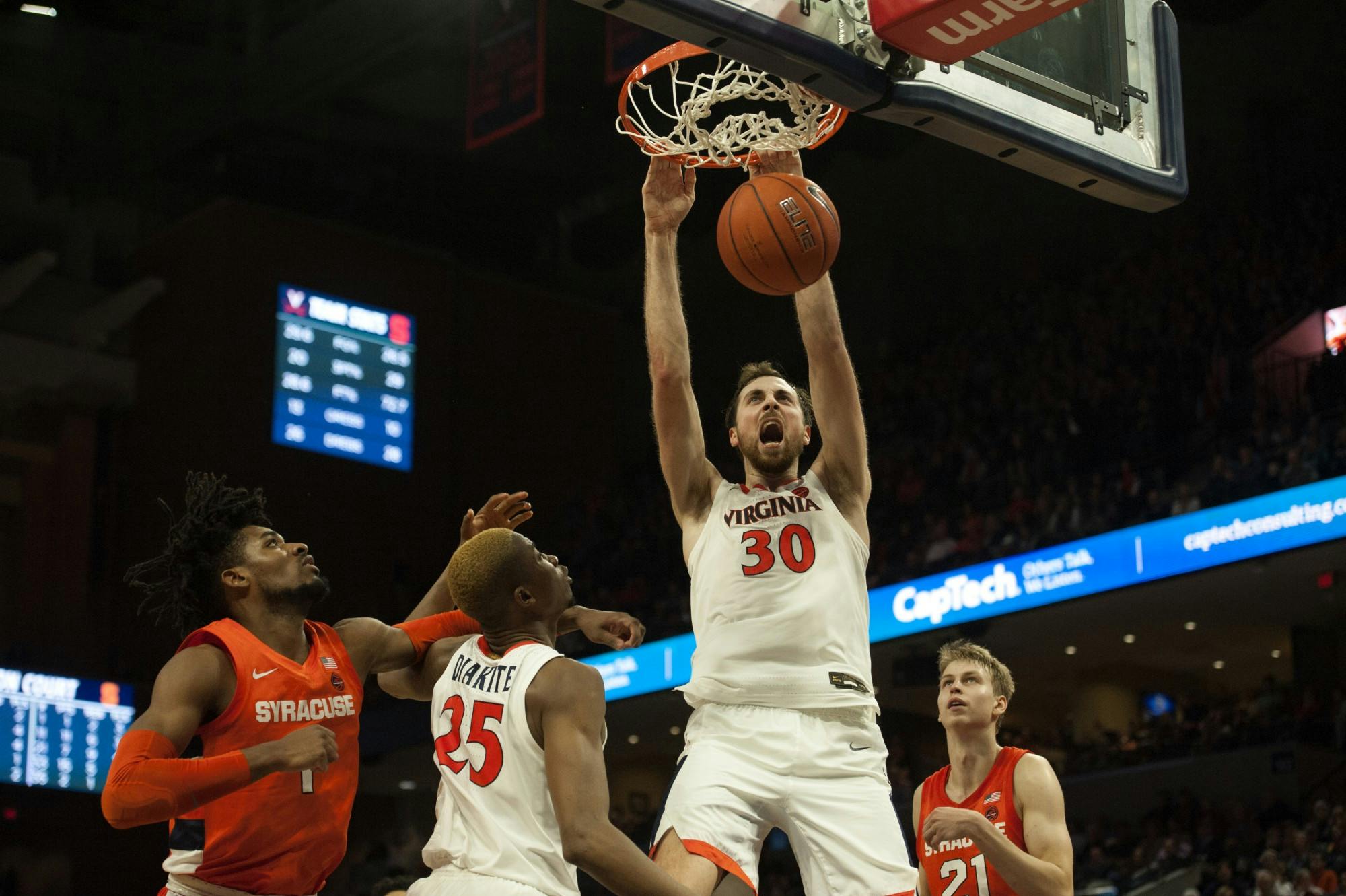 Junior forward Jay Huff recorded a double-double in the game, leading the team with 16 points and snagging 10 rebounds.&nbsp;