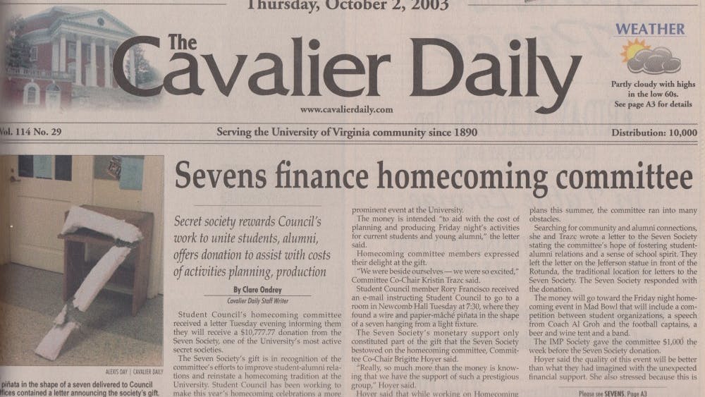 The Cavalier Daily reported that the Homecoming Committee received a seven-shaped piñata containing a monetary donation in October 2003.