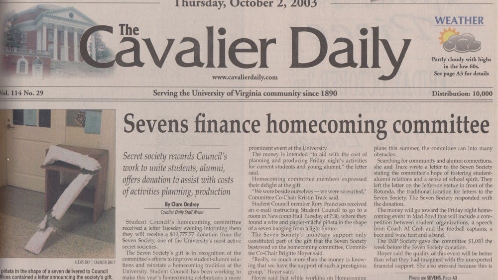 The Cavalier Daily reported that the Homecoming Committee received a seven-shaped piñata containing a monetary donation in October 2003.