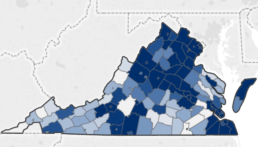The map of in-state enrollment by county shows an underrepresentation of rural students