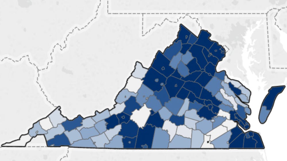The map of in-state enrollment by county shows an underrepresentation of rural students