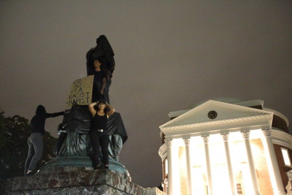 Protesters shrouded the bronze Jefferson in black fabric — a response to the Unite the Right rally of Aug. 11-12, 2017.