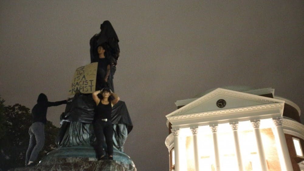 Protesters shrouded the bronze Jefferson in black fabric — a response to the Unite the Right rally of Aug. 11-12, 2017.