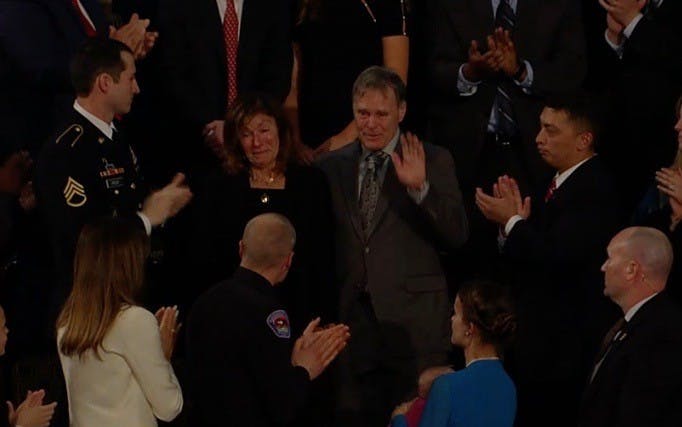 Otto Warmbier's parents, Fred and Cindy, receive a standing ovation during President Donald Trump's State of the Union address.&nbsp;