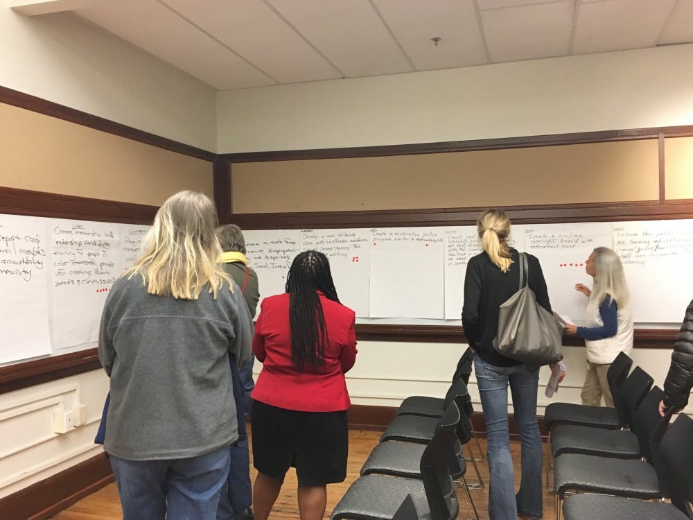 Each of the four work groups had a designated area within the space where they hung large sheets of poster paper detailing each of the ideas for action the study groups developed.
