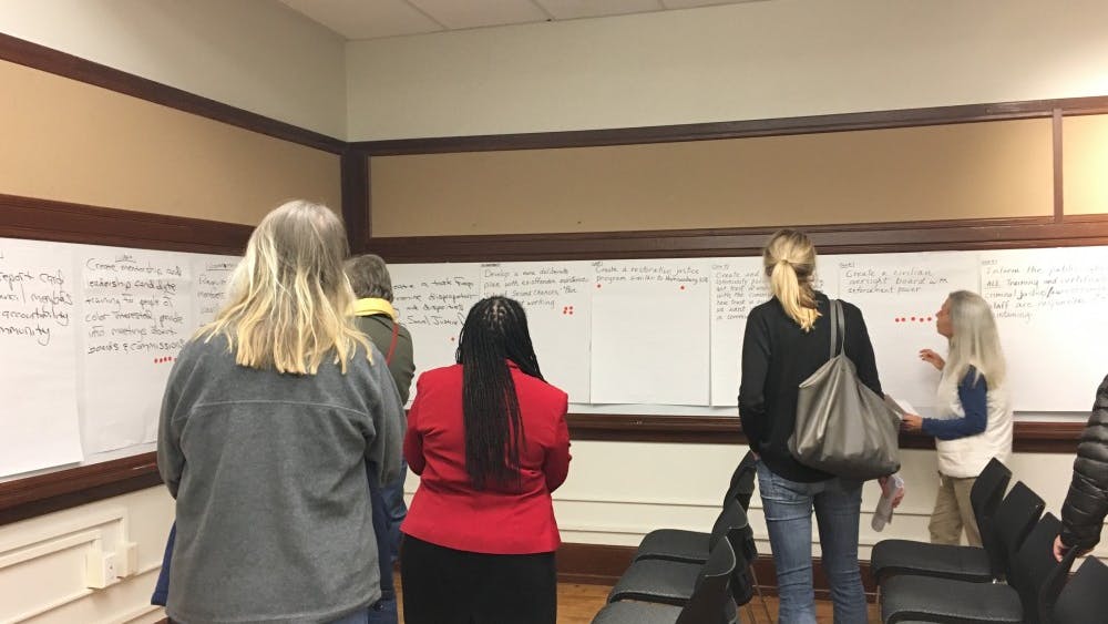 Each of the four work groups had a designated area within the space where they hung large sheets of poster paper detailing each of the ideas for action the study groups developed.