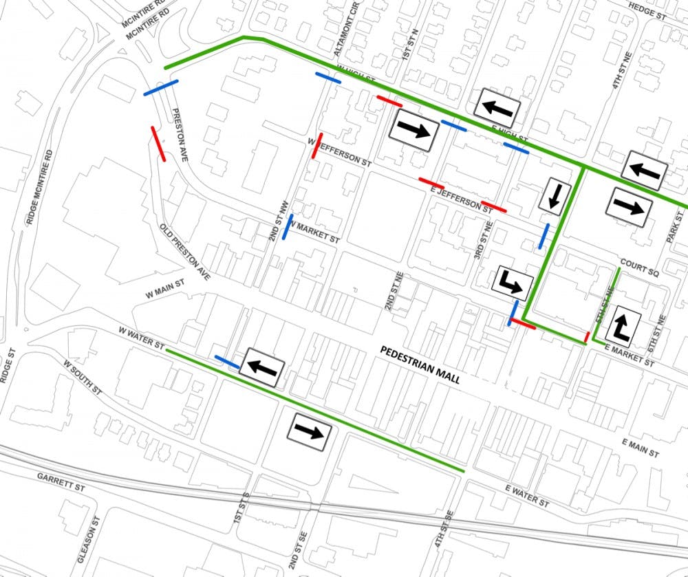 The city's traffic plans for Aug. 12. The green lines are roads that will be open to traffic, while the red and blue lines show where road closures will take place.&nbsp;