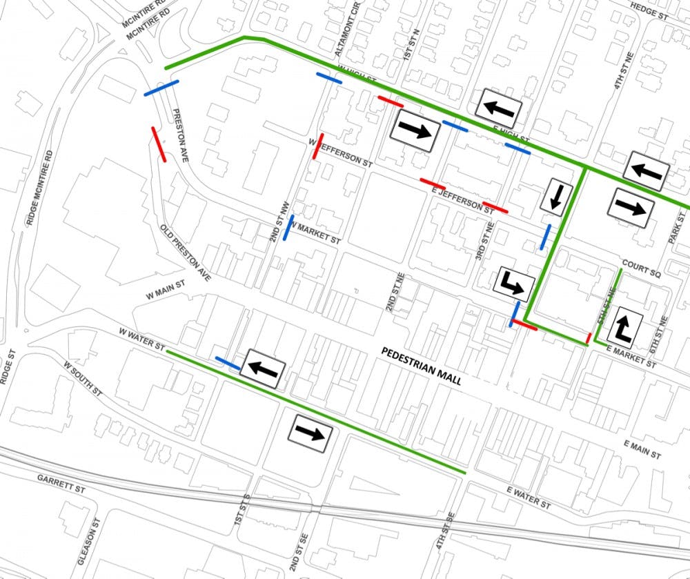 <p>The city's traffic plans for Aug. 12. The green lines are roads that will be open to traffic, while the red and blue lines show where road closures will take place.&nbsp;</p>