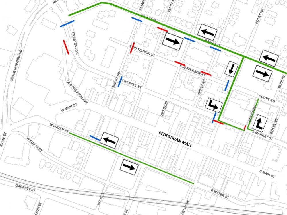 The city's traffic plans for Aug. 12. The green lines are roads that will be open to traffic, while the red and blue lines show where road closures will take place. 