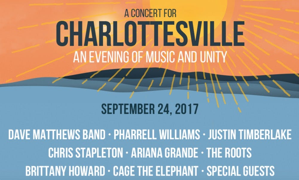 <p>A Concert for Charlottesville will feature musical giants like Justin Timberlake, The Roots and Pharrell Williams.</p>