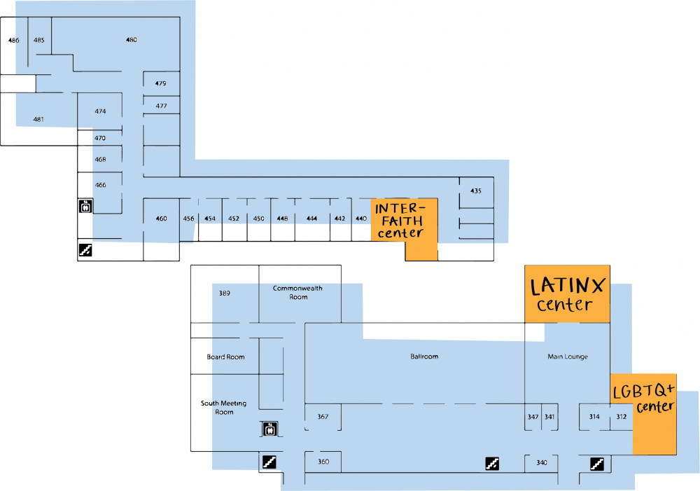 The Latinx and LGBTQ+ Centers are on the third floor of Newcomb, and the new interfaith space is on the fourth.