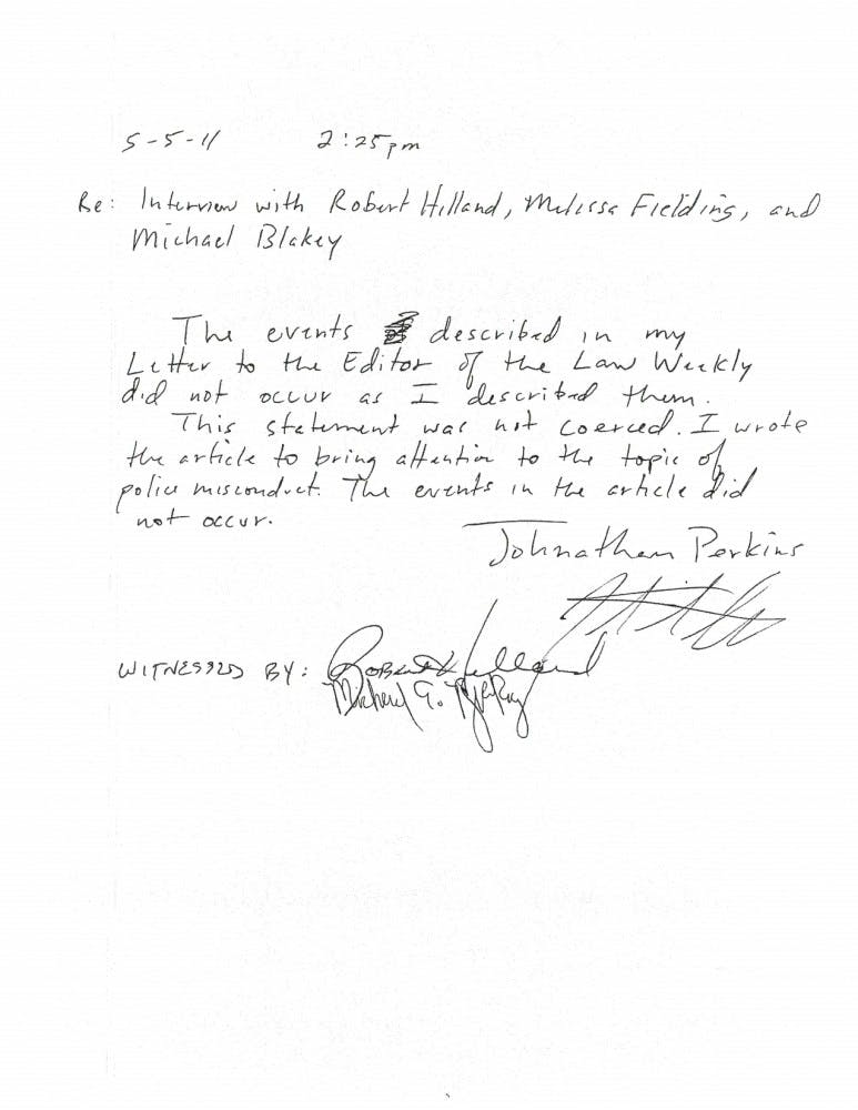 A copy of the recantation Perkins provided to The Cavalier Daily.