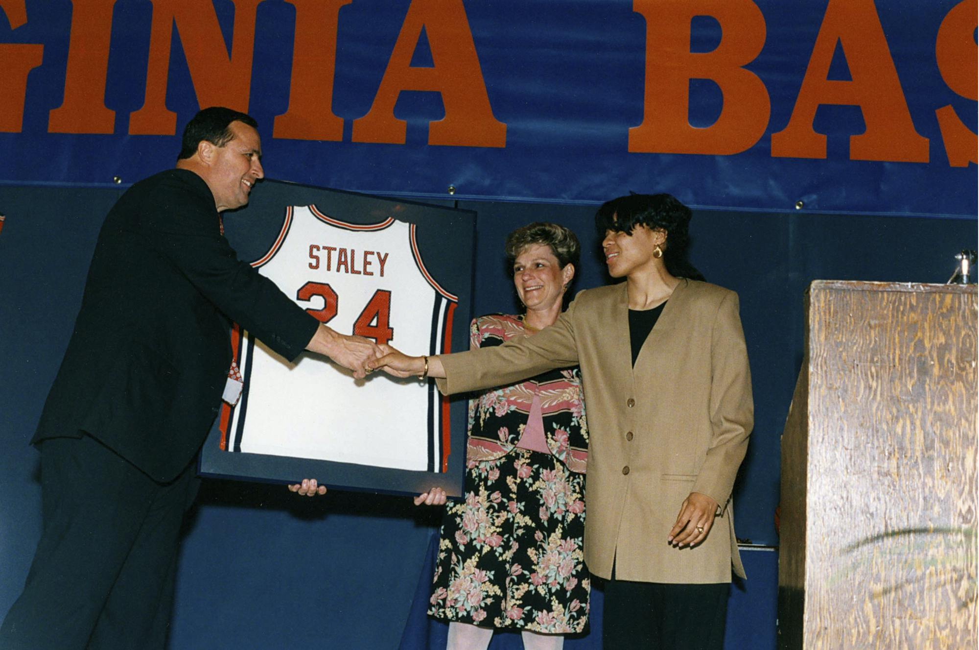 Staley's No. 24 hangs in the rafters at John Paul Jones Arena.