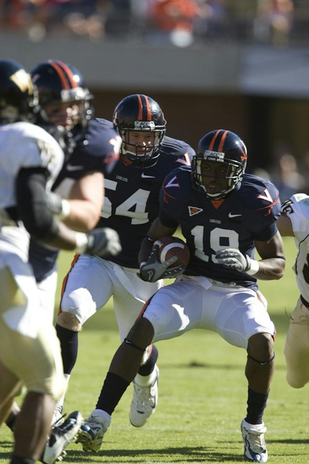 Virginia wide receiver Ras-I Dowling (19) returns an interception.  The #23 Virginia Cavaliers defeated the #24 Wake Forest Demon Deacons 17-16 at Scott Stadium in Charlottesville, VA on November 3, 2007.