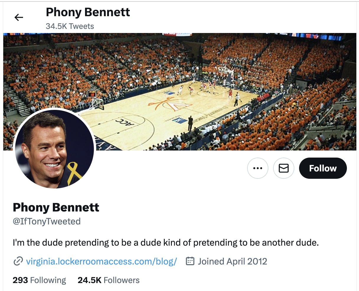 Known as “Phony Bennett”, his Twitter account, @IfTonyTweeted, grew to over 24,000 followers as Dembitz made jokes regarding both the state of Cavalier basketball and the sport as a whole.&nbsp;