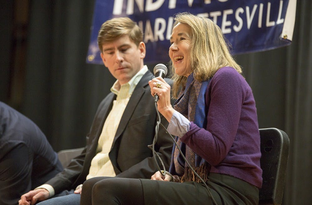<p>Leslie Cockburn, the Democratic candidate for the fifth congressional district of Virginia, at a candidate forum held during the primary.&nbsp;</p>