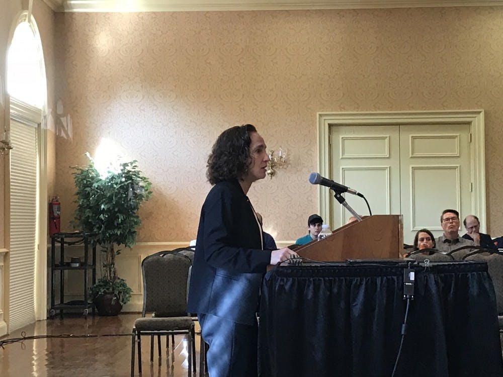 <p>Law School Dean Risa Goluboff speaking at Alumni Hall on Saturday</p>