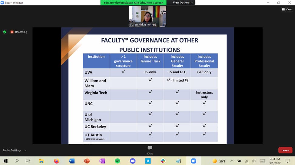 The Faculty Senate is an elected body of 80 University professors, drawn proportionally from all of its schools, including Batten, McIntire, the College, Engineering and Nursing.