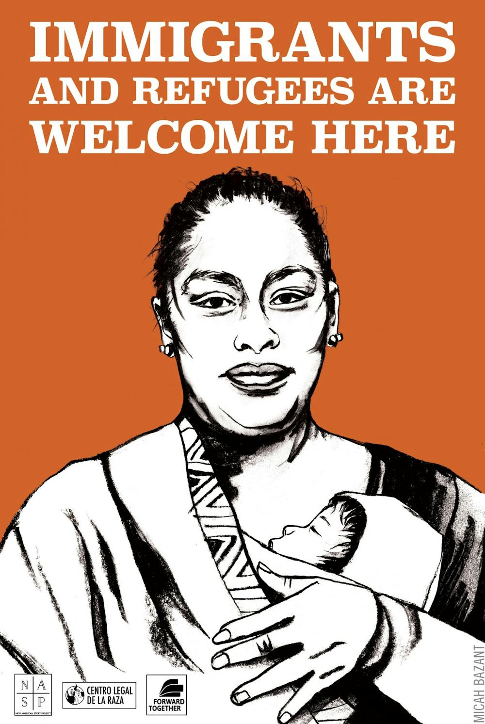 A poster produced by the New American Story Project by artist Micah Bazant. Bazant worked from a photograph of a Mayan women who received asylum.