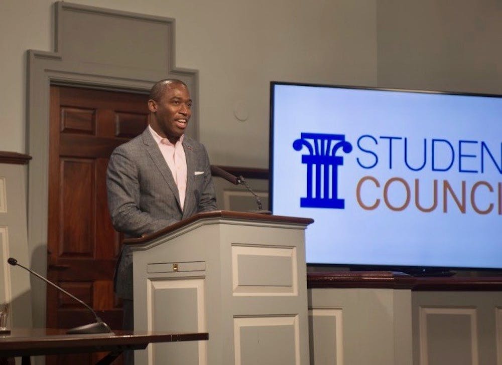 <p>Richmond Mayor Levar Stoney began his lecture at the Miller Center by discussing his entrance to political engagement.</p>