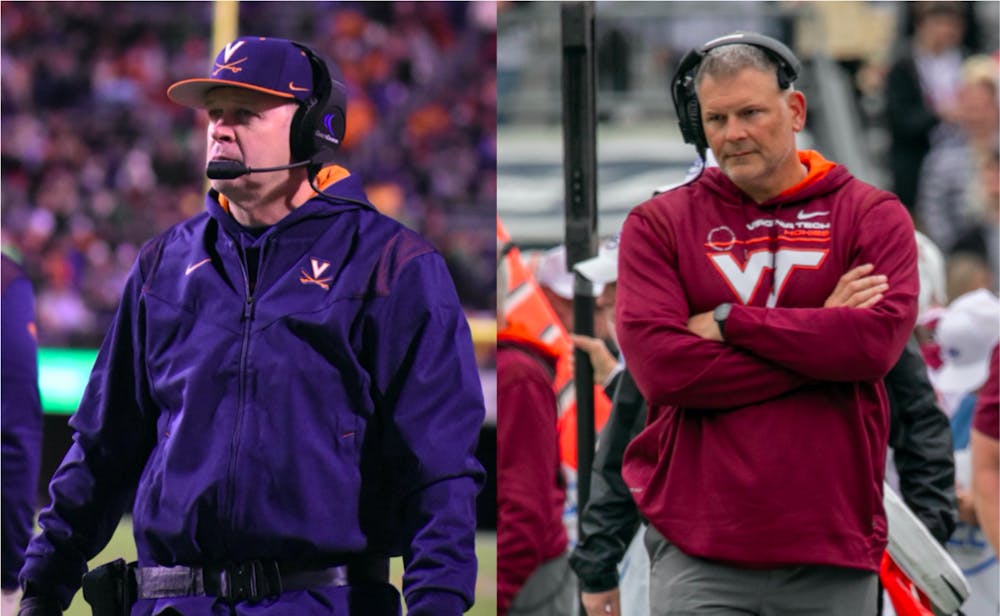 <p>Virginia football Coach Bronco Mendenhall (left) and Virginia Tech football Coach Justin Fuente (right) have led their respective programs in different directions since both joining in 2015.</p>
