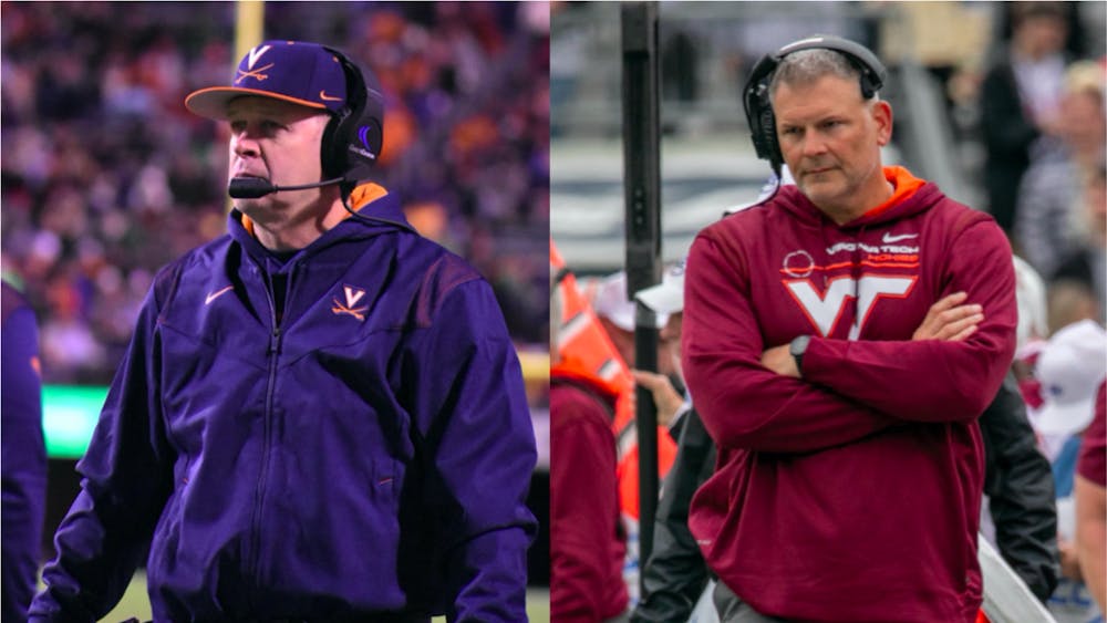 Virginia football Coach Bronco Mendenhall (left) and Virginia Tech football Coach Justin Fuente (right) have led their respective programs in different directions since both joining in 2015.