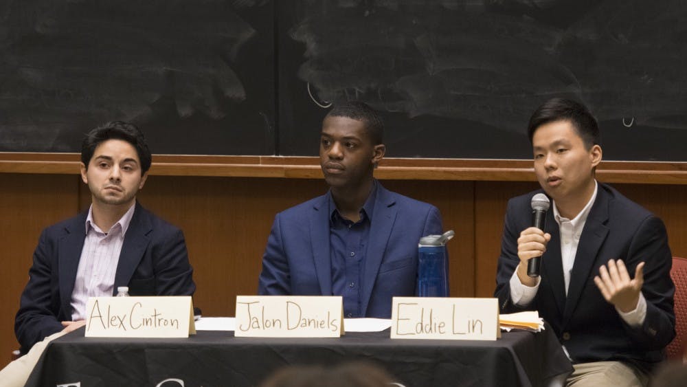 The candidates for Student Council President in 2018 were fourth-year College student Alex Cintron (left), second-year College student Jalon Daniels (middle) and fourth-year College student Eddie Lin (right).