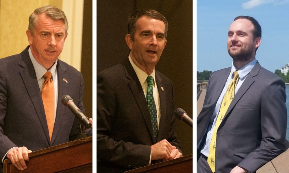 Ed Gillespie (left), Ralph Northam (center), Cliff Hyra (right)
